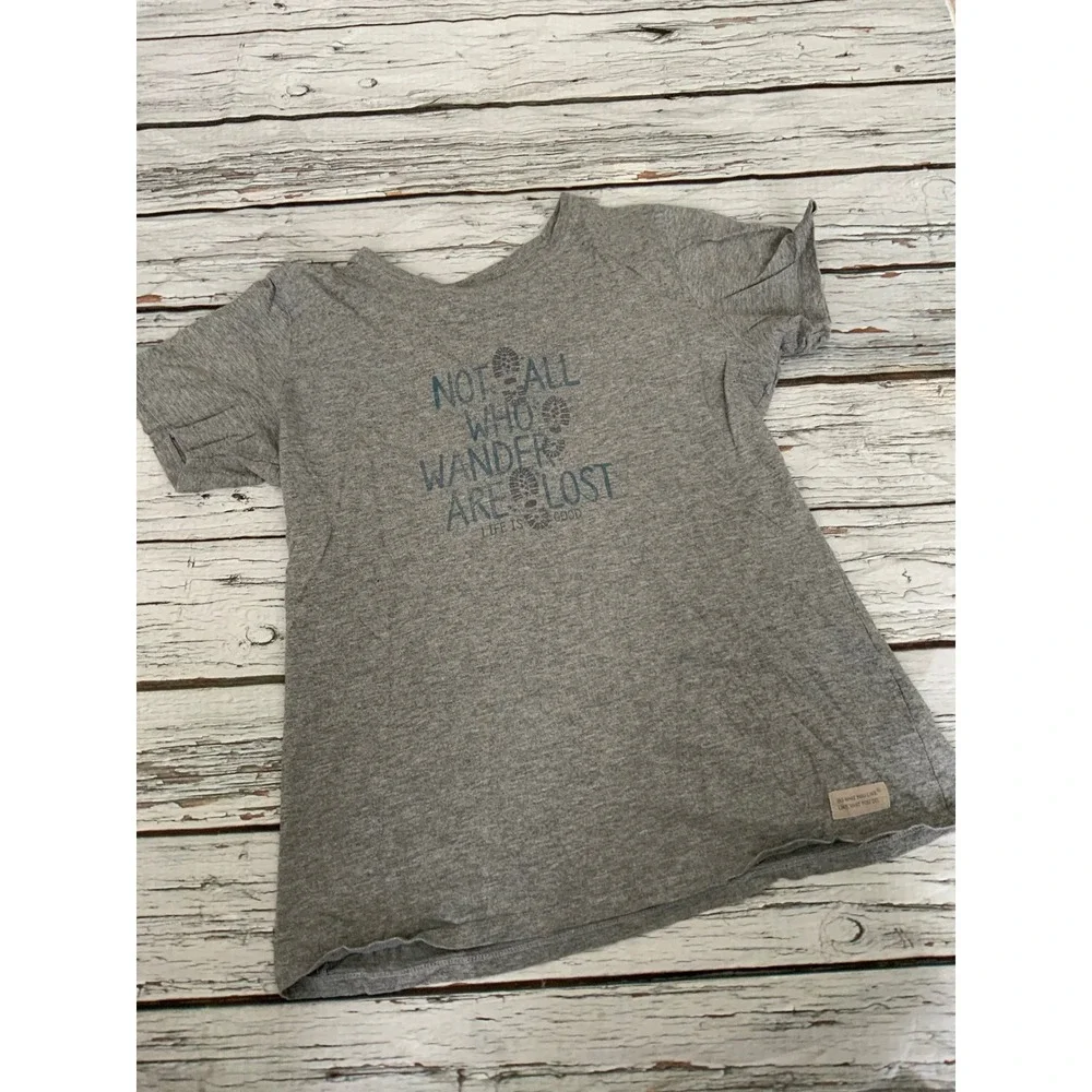 Life is Good Womens Not All Who Wander Are Lost Hiking T-Shirt Grey Medium - Picture 1 of 2